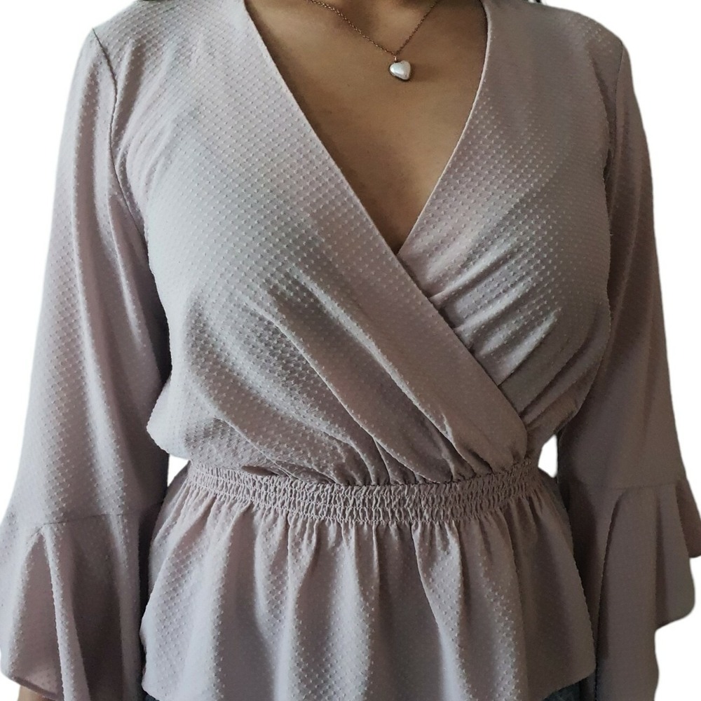 Express Mauve Pink Blouse Small Bell Sleeve V-Neck Top Crossover Wrap Juniors - Picture 3 of 11